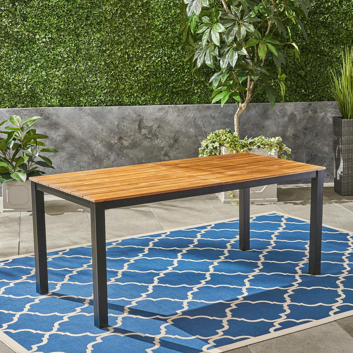 Zak Outdoor 71" Acacia Wood Dining Table, Teak Finish, Black