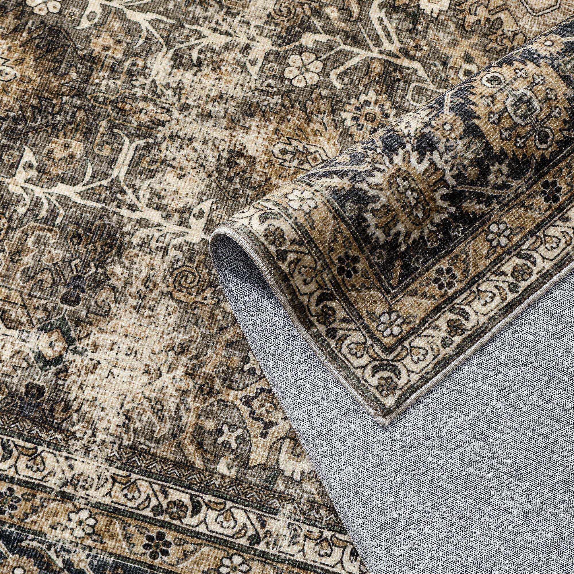 PureCozy Vintage Area Rug 4x6 Brown Bedroom Rug Indoor Kitchen Washable Living Room Carpet Tribal Distressed Rug Retro Accent Throw Rug for Office Dining Room Bathroom Faux Wool
