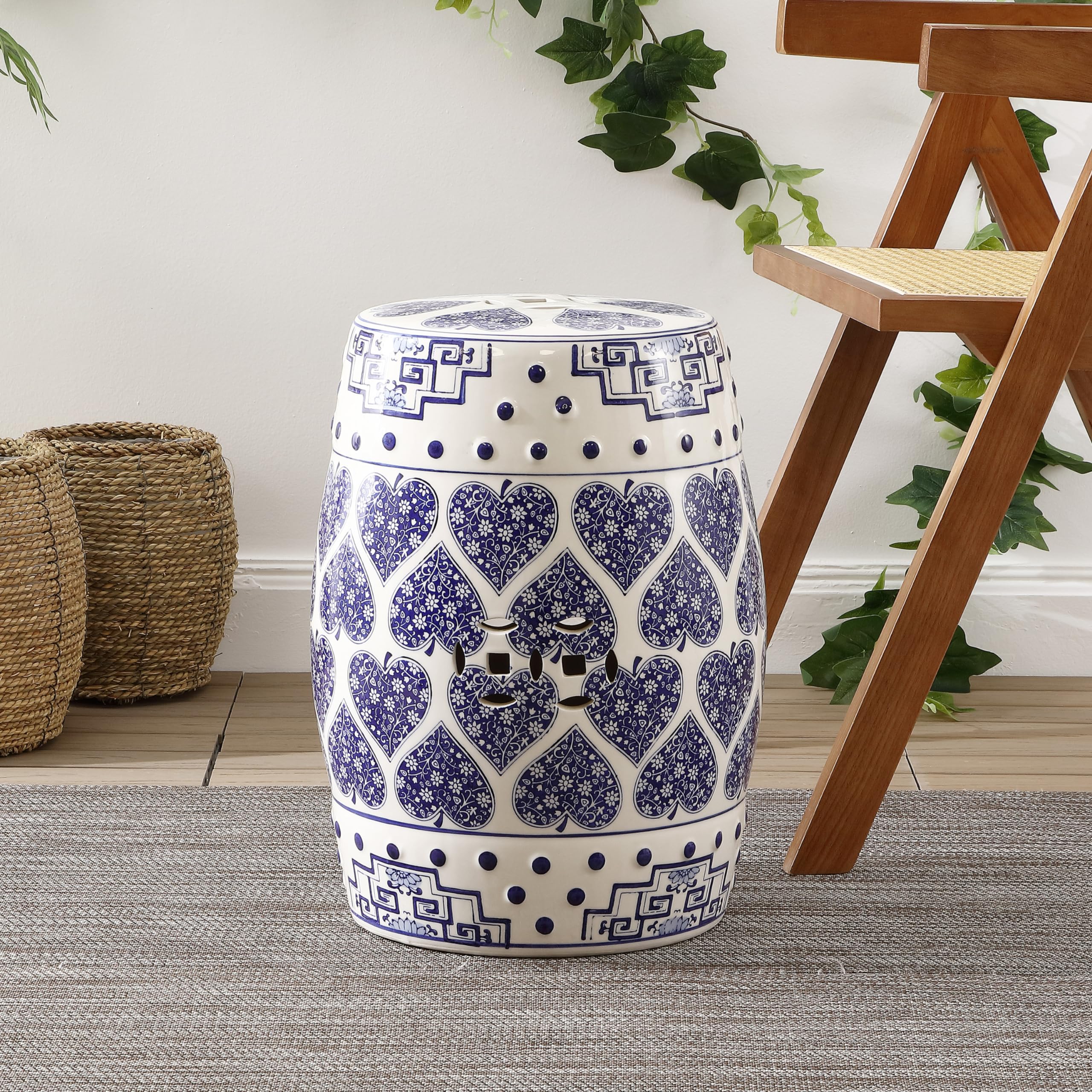 TBL1014A Happy Hearts 17.8" Chinoiserie Ceramic Drum Garden Stool, Bohemian, Coastal, Cottage, French Country, Traditional, Transitional, Side Table, Plant Stand, Spill-Proof, Blue/White