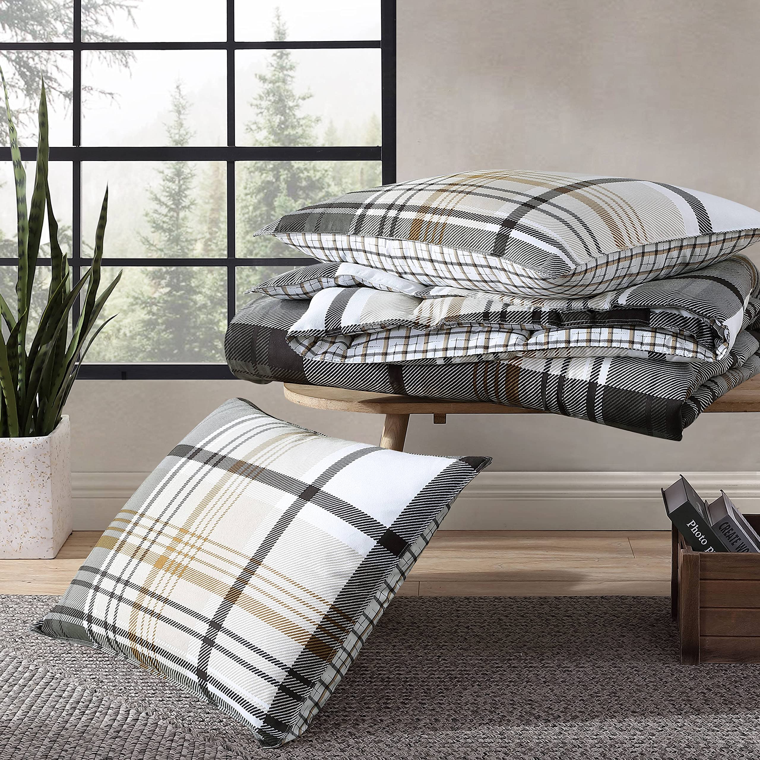 Normandy Grey Plaid King Comforter Set - Reversible Bedding