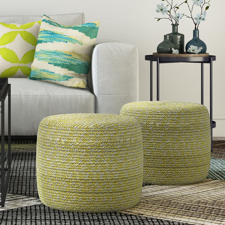 Bayley Round Braided Pouf, Footstool, Upholstered in Muted Yellow and Natural Cotton