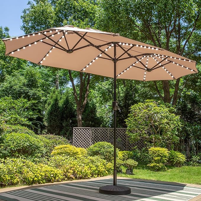 13ft Large Patio Umbrella with Solar Lights, Double-Sided Outdoor Market Rectangle Umbrella