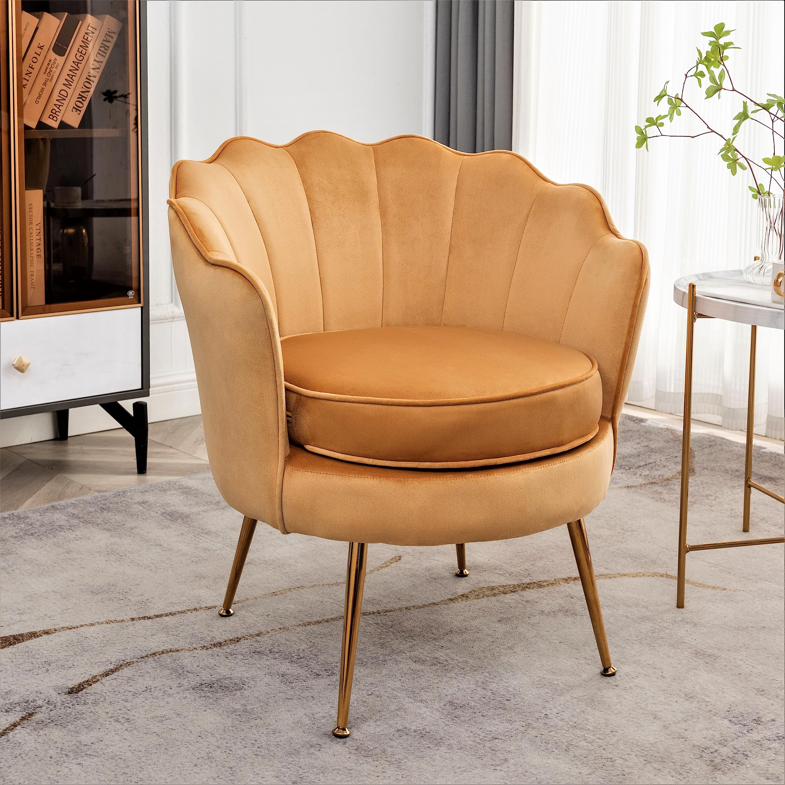 Velvet Barrel Accent Chair with Scalloped Silhouette and Gold Metal Legs, Decorative Piece Suitable for Traditional, Modern, and Contemporary Spaces, Mustard Yellow
