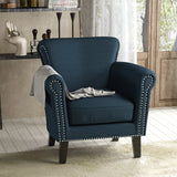 Brice Vintage Scroll Arm Studded Fabric Club Chair, Navy Blue / Dark Brown 31D x 29.5W x 31.5H in