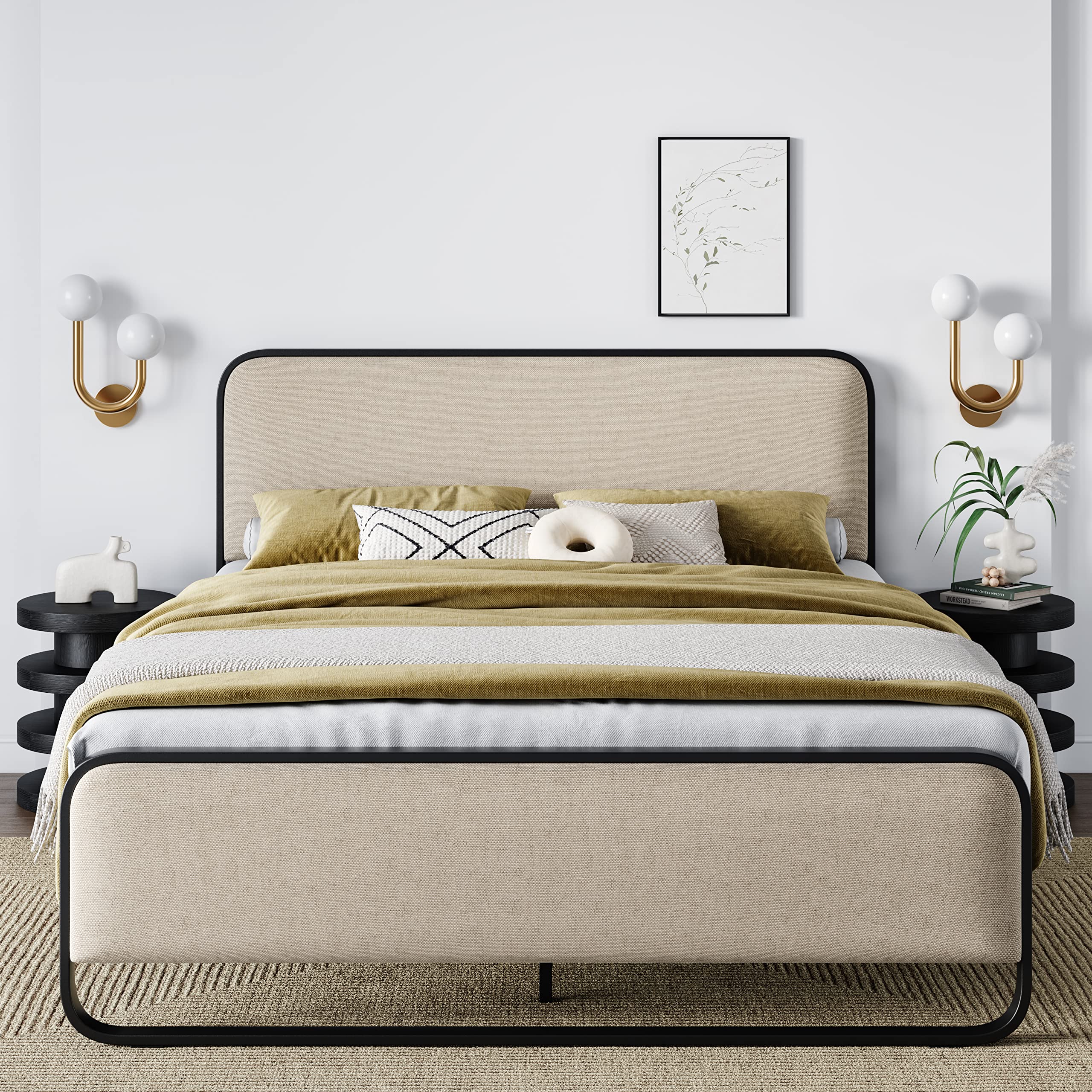 Queen Size Metal Bed Frame with Curved Upholstered Headboard and Footboard