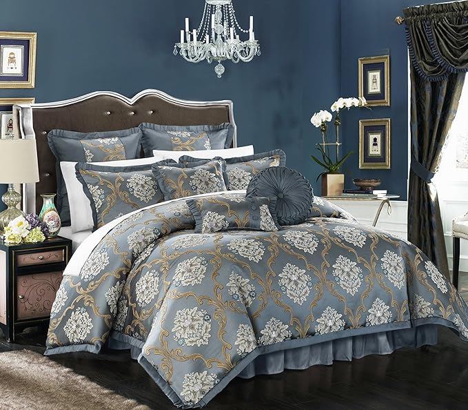 9 Piece Aubrey Decorator Upholstery Comforter Set and Pillows Ensemble, King, Blue