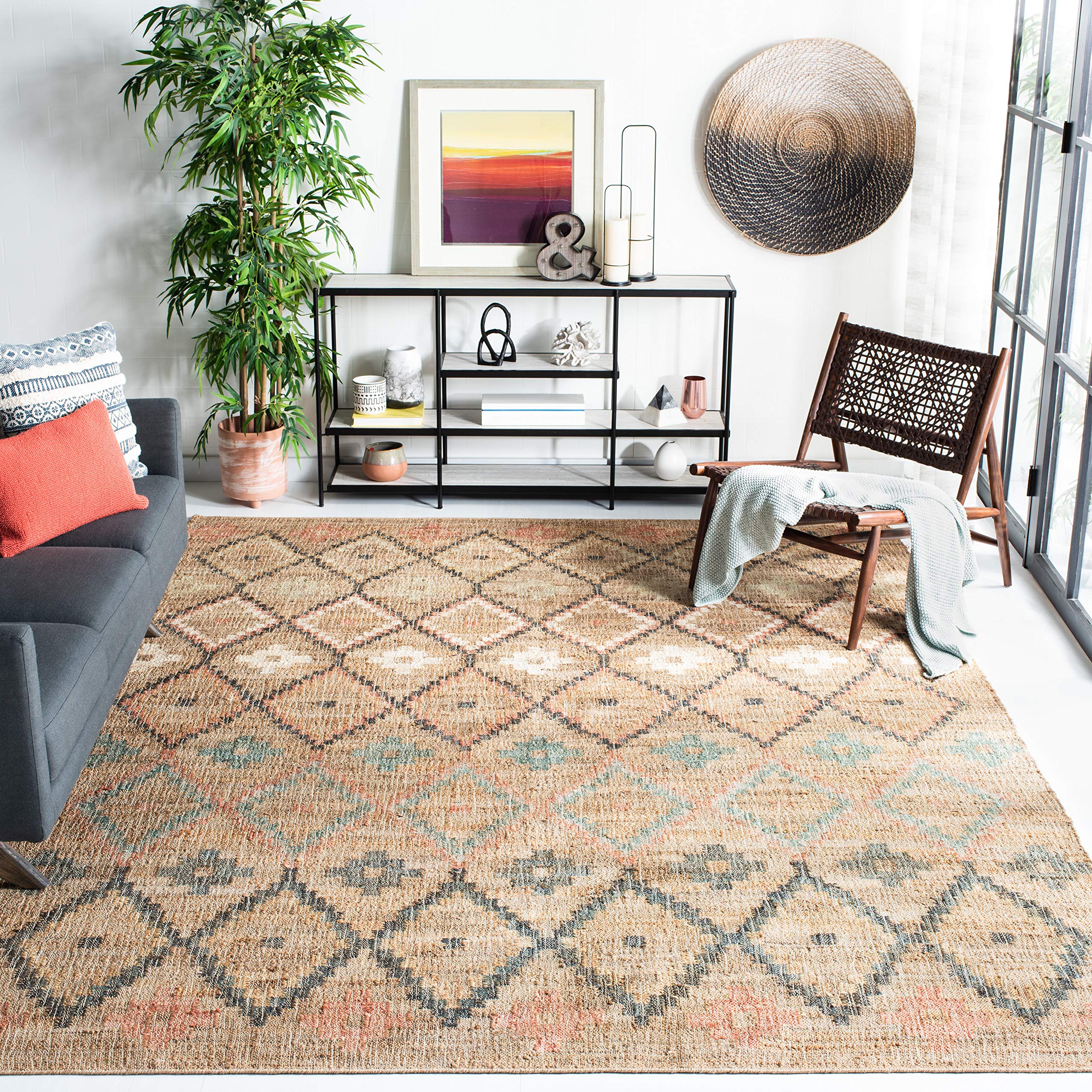 SAFAVIEH Kilim Collection 7' Square Natural/Blue KLM753A Handmade Moroccan Boho Jute & Cotton Area Rug