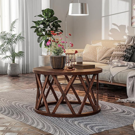 Farmhouse End Table, Rustic Round Side Table with X-Motifs Legs, Wood Textured Top