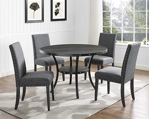 Biony Espresso Wood Dining Set with Blue Nailhead Chairs