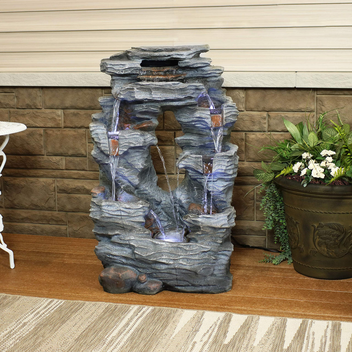 Dual Cascading Rock Falls 39-Inch Outdoor Water Fountain with LED Lights