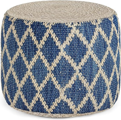 Edgeley Round Pouf, Footstool, Upholstered in Grey, Natural Woven Braided Jute