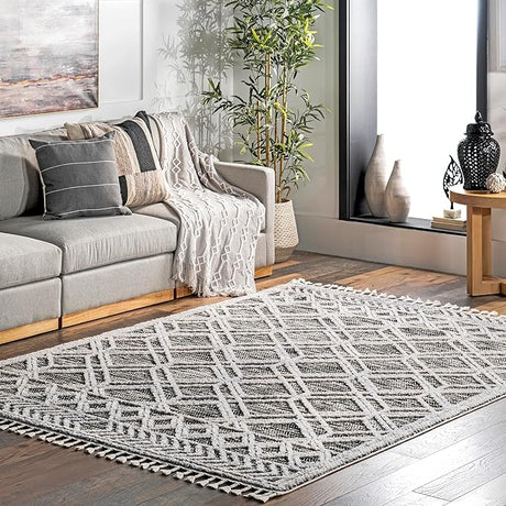 8x11 Ansley Moroccan Tassel Area Rug, Grey, High-Low Textured Bohemian Design