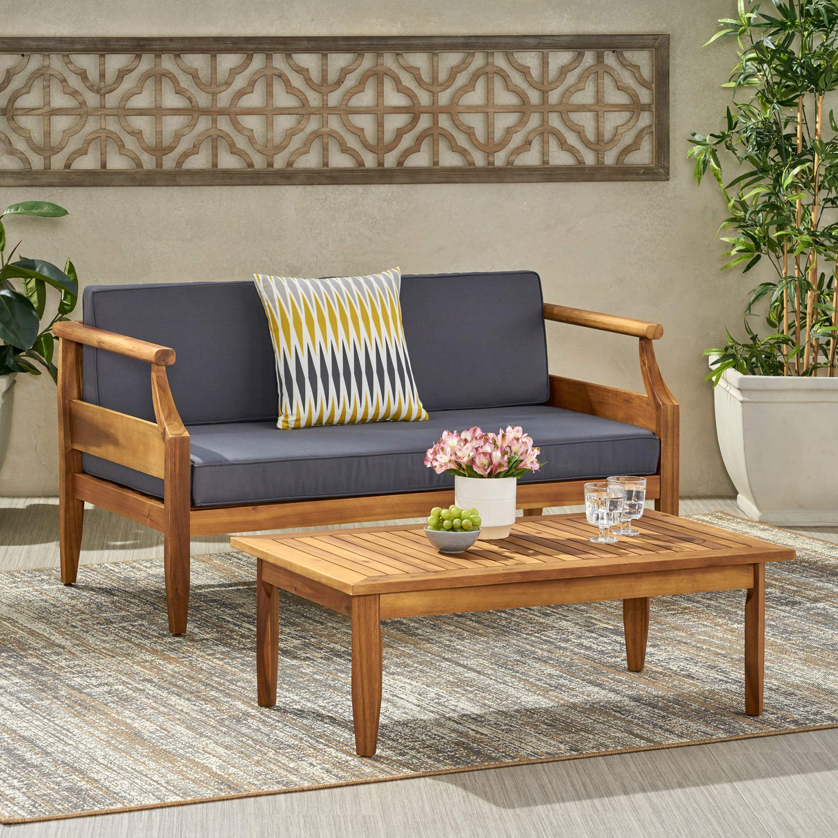 Gallia Outdoor Loveseat Set, Teak Finish, Dark Gray