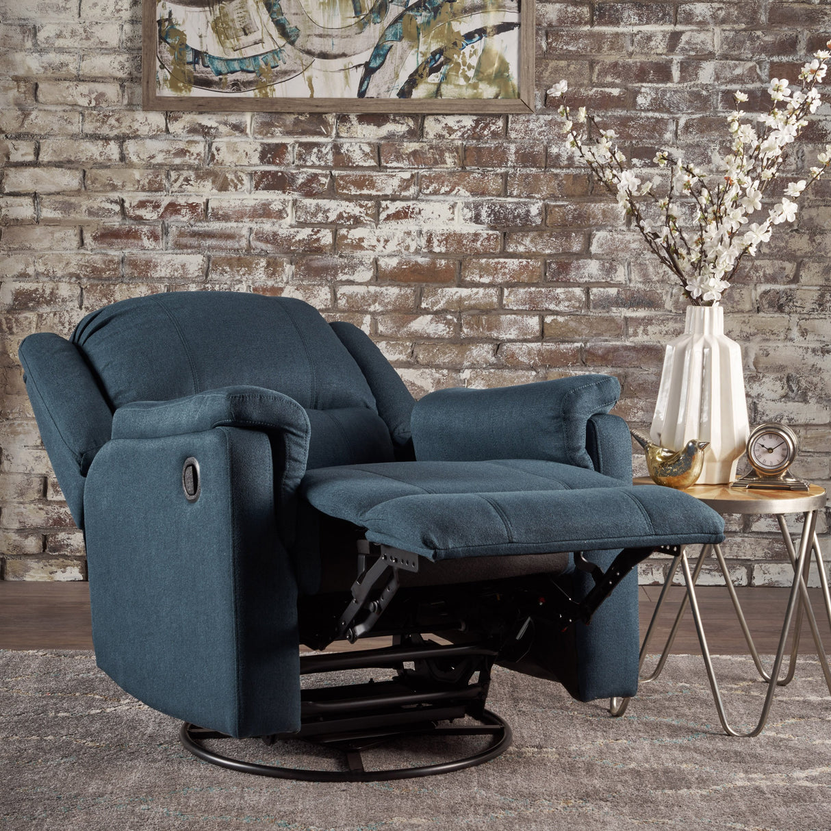 GDFStudio Jemma Tufted Fabric Swivel Gliding Recliner Chair, Plastic, (Navy Blue), 31.25