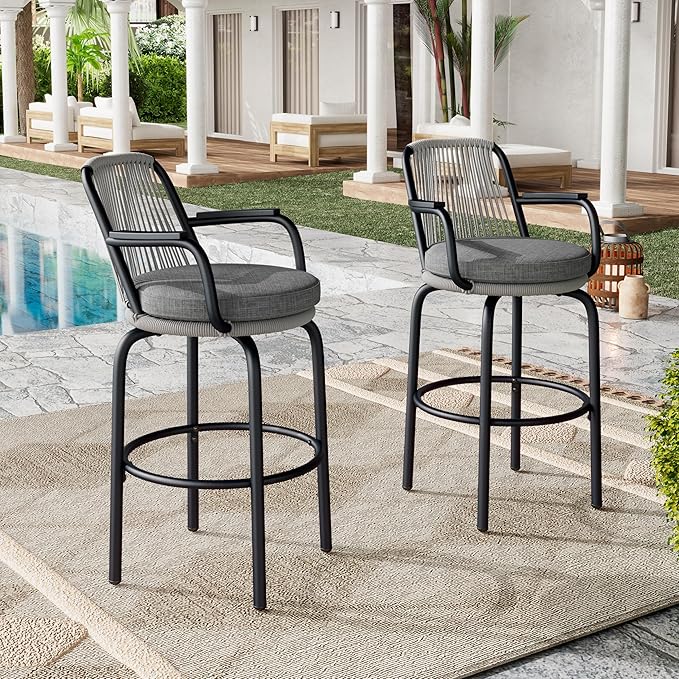 Outdoor Patio Bar Stools Set of 2, 29" H Modern Woven Rattan Rope Bar Height Chair