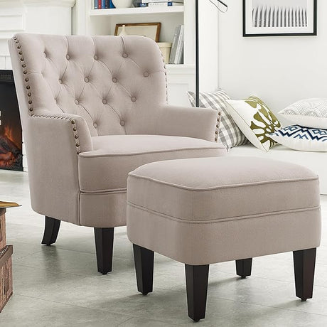 Accent Chair and Ottoman Set - Button Tufted Armchair for Living Room, Bedroom