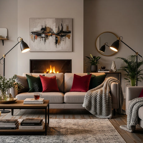 A cozy Bircata sofa decorated with festive pillows and a throw blanket