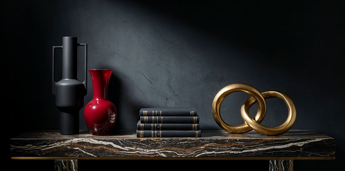 A luxuriously styled Bircata console table with holiday decor