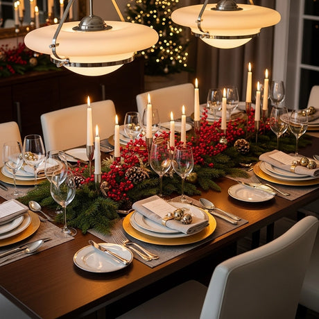 A modern Bircata dining table set for a festive holiday meal.