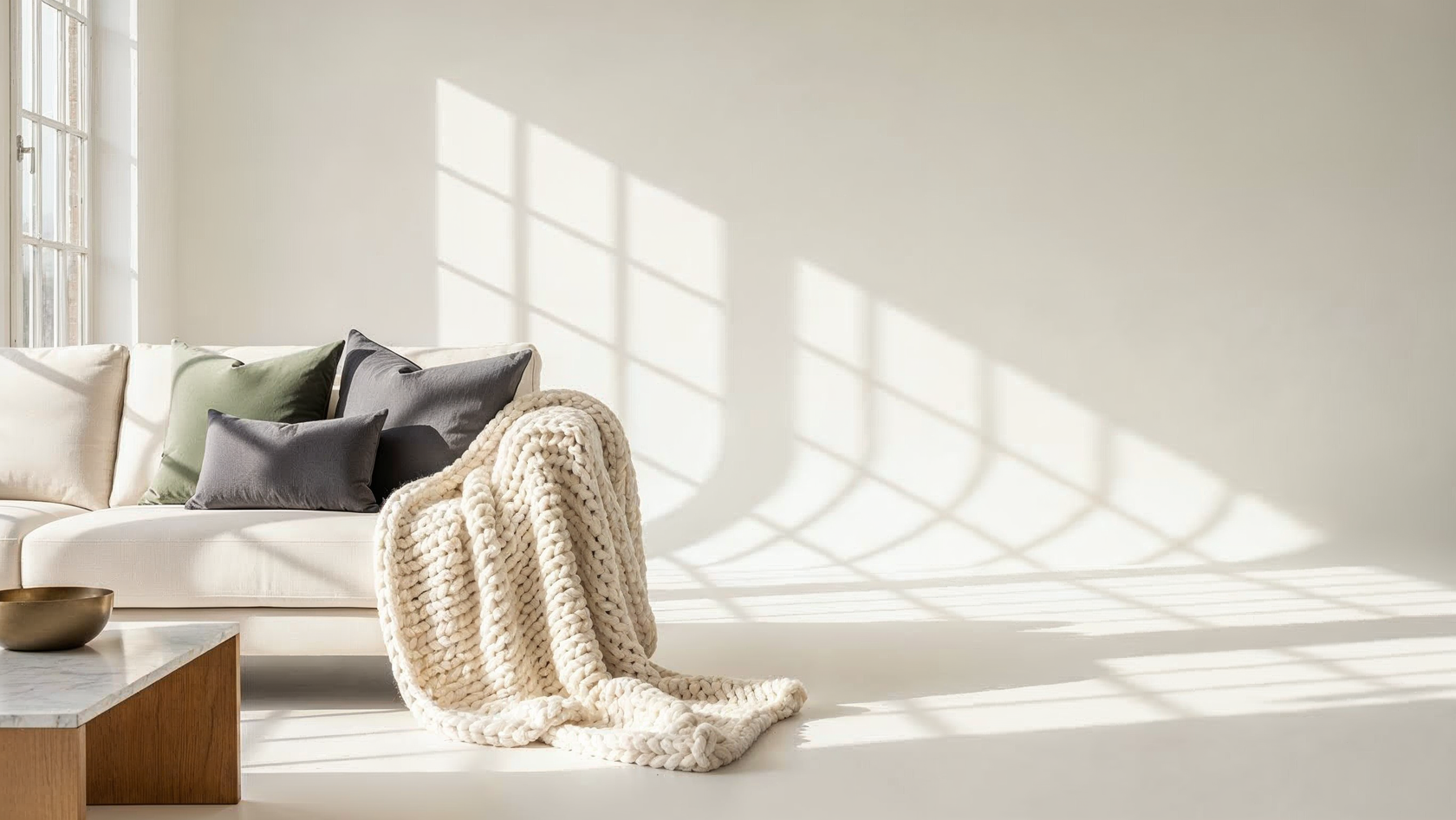 A serene and modern sofa with sage green and charcoal pillows, creating a subtle winter theme.