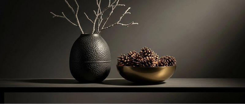A sophisticated still life of subtle holiday decor with pinecones and a brass bowl.