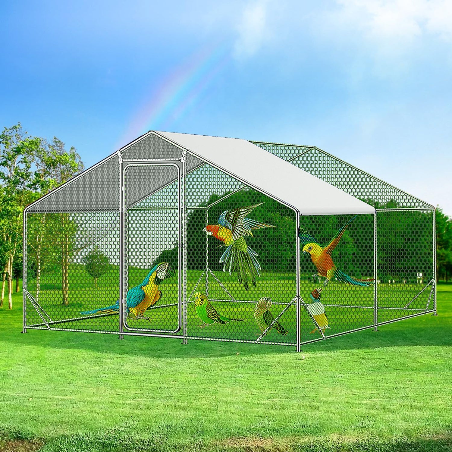 AeroShield Max walk-in metal chicken coop with triangular support frame