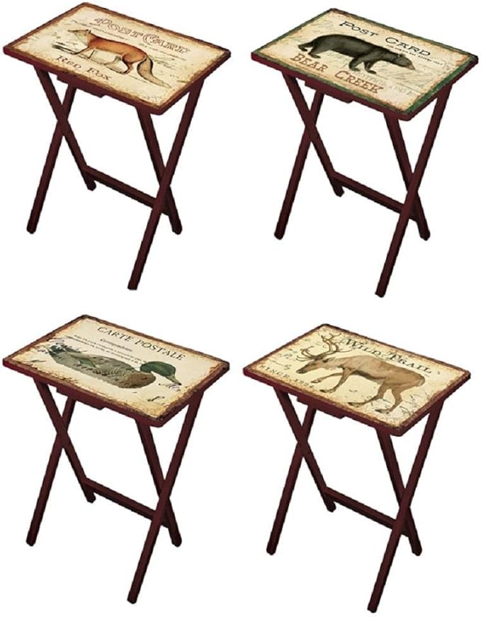All four snack tables stored in wooden stand foldable for easy storage