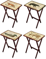 All four snack tables stored in wooden stand foldable for easy storage