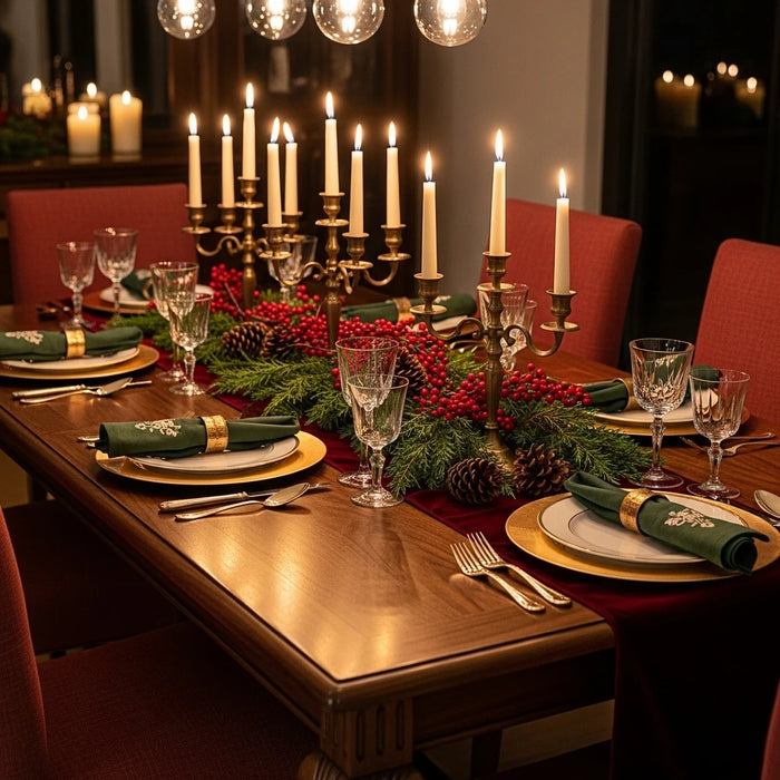 An elegant holiday dining table set for a festive gathering.