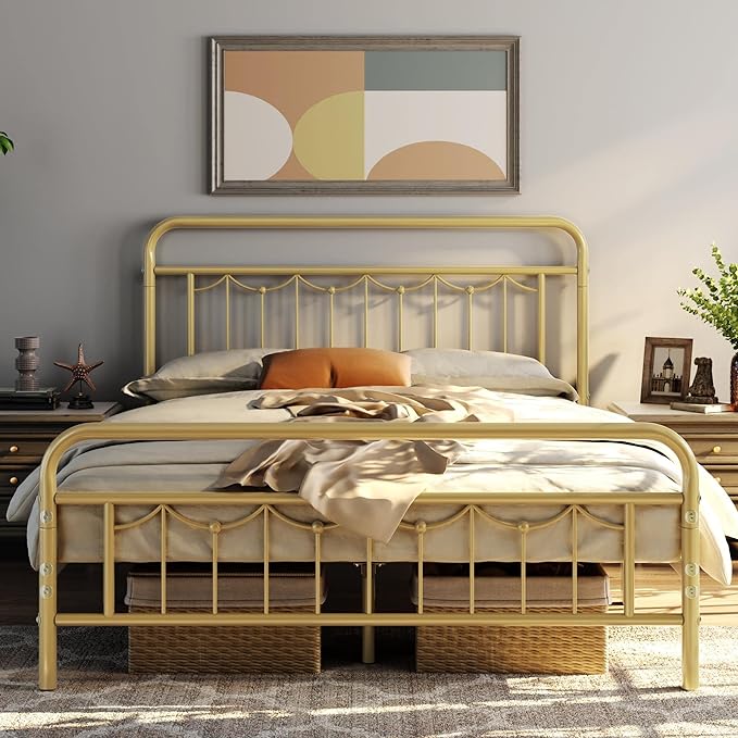 Queen Size Metal Bed Frame with Vintage Headboard and Footboard, Farmhouse  Bed