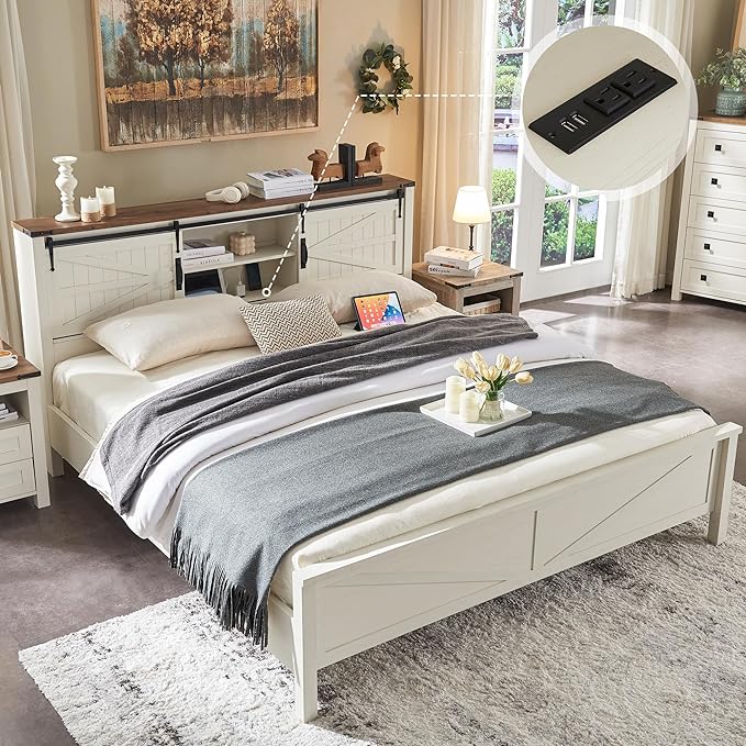 Farmhouse Queen Size Bed Frame with Storage Bookcase Headboard with Sliding Barn