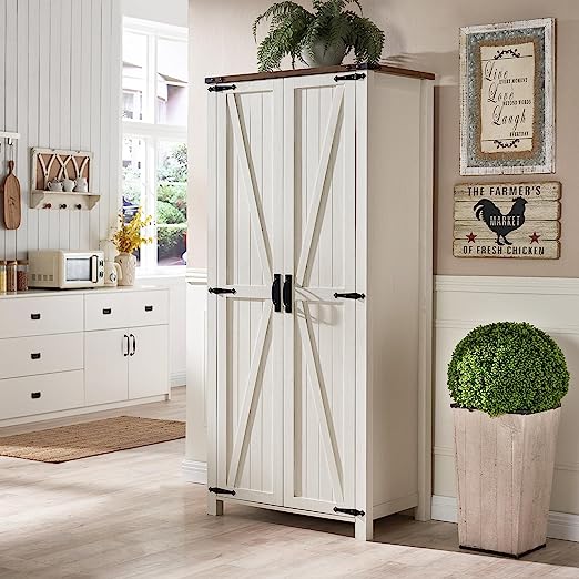 Copy of Storage Cabinet, 32'' Farmhouse Armoire w/Adjustable Shelves, Rustic Pantry w/2 Barn Doors & Hanging Rod