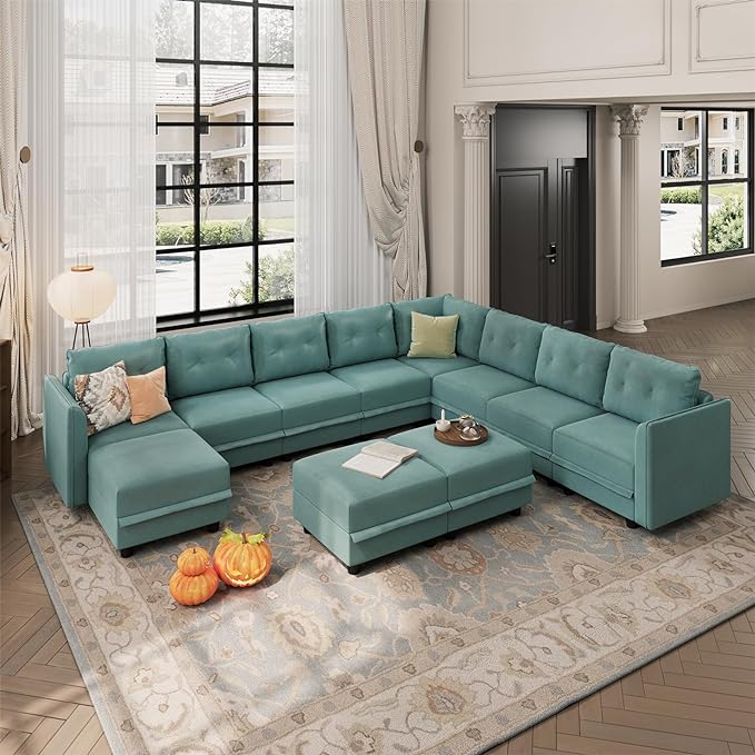 Sofa with Storage Large Faux Leather Fabric Waterproof 11 Seater Sectional Couch