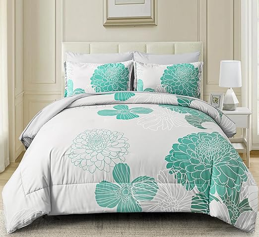 Bed in a Bag Green Comforter Set Queen Floral Comforter Soft Microfiber Bedding