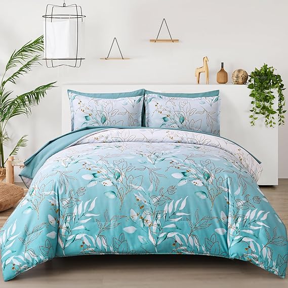 7 Pieces Floral Reversible Bed in a Bag Gold and Blue Leaves Bedding Set