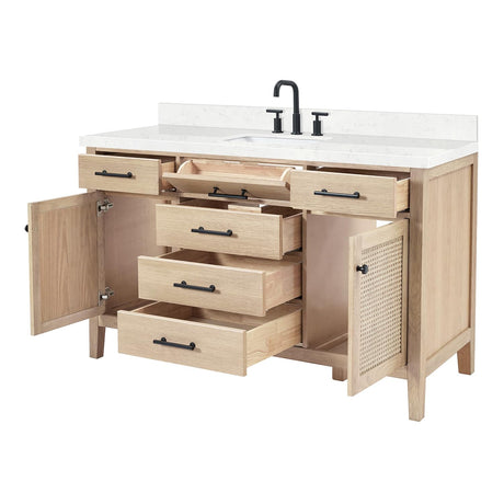 Ariel white oak bathroom vanity with open soft-close drawers and Carrara quartz countertop