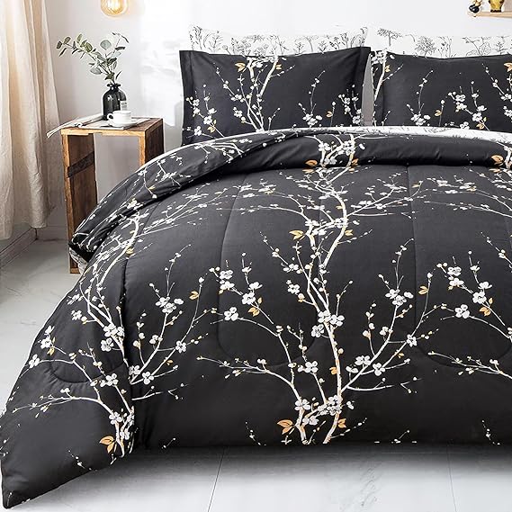 7 Pieces Floral Reversible Bed in a Bag Gold and Blue Leaves Bedding Set