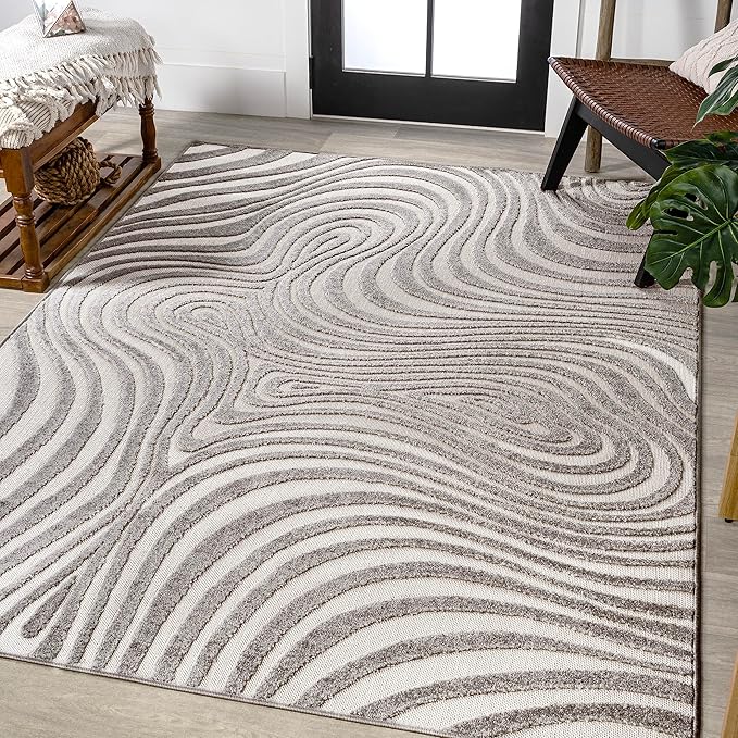 SCN103E-5 Maribo High-Low Abstract Groovy Striped Dark Blue/Cream 5 ft. x 8 ft