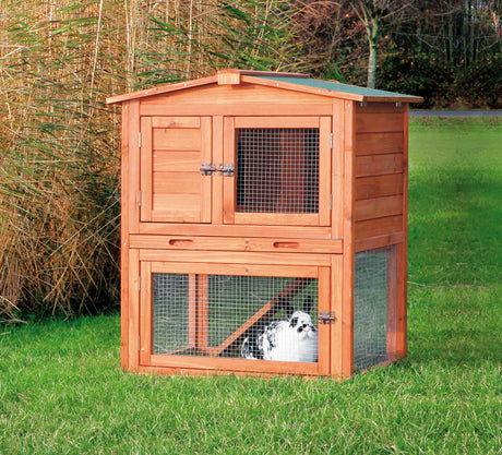 Natura Single Rabbit Hutch with Run, 2-Story with Ramp, Pull-Out Tray, Hinged Peaked Roof