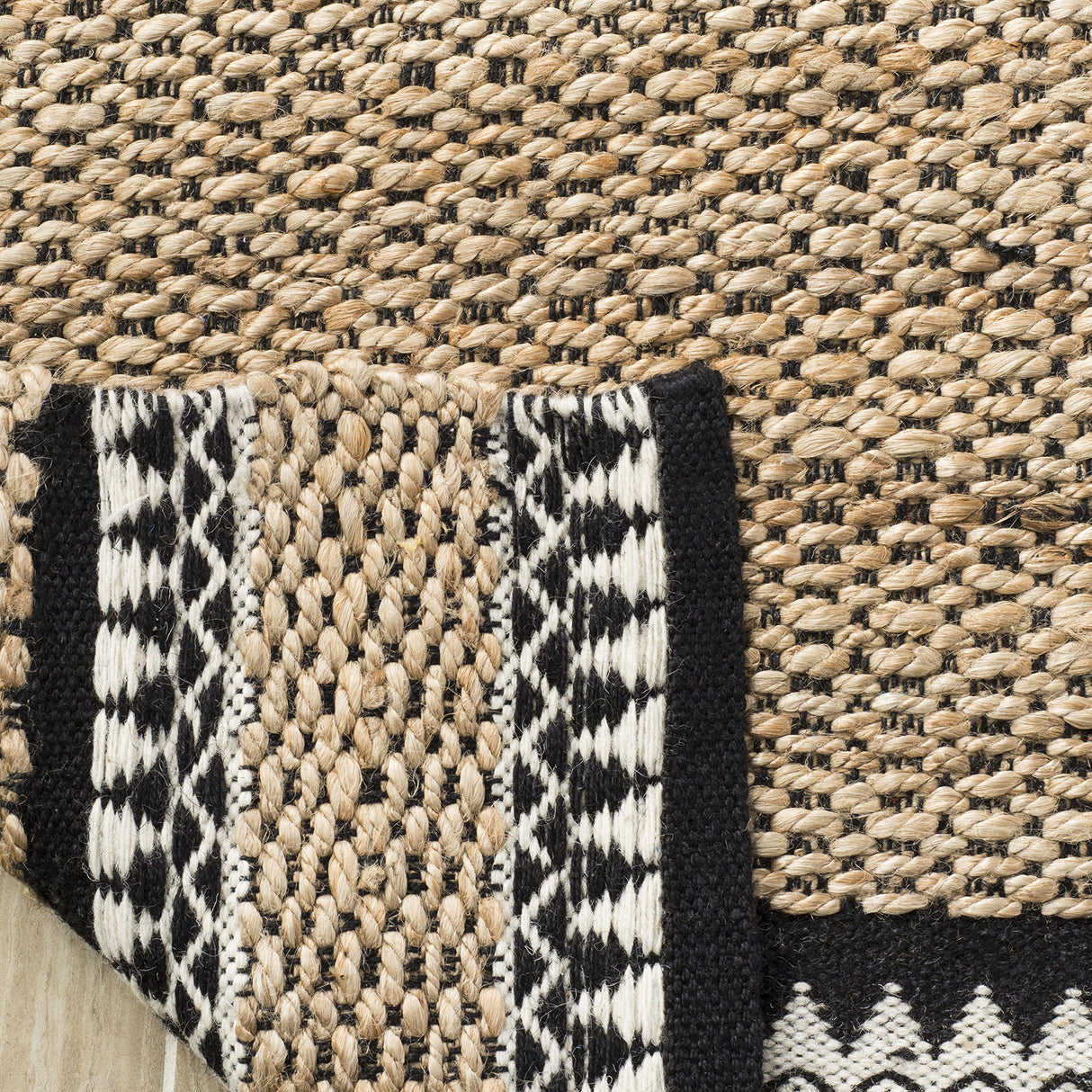 Natural Fiber Collection Area Rug - 3' Square, Natural & Black, Handmade Farmhouse Boho Coastal Rustic Jute,