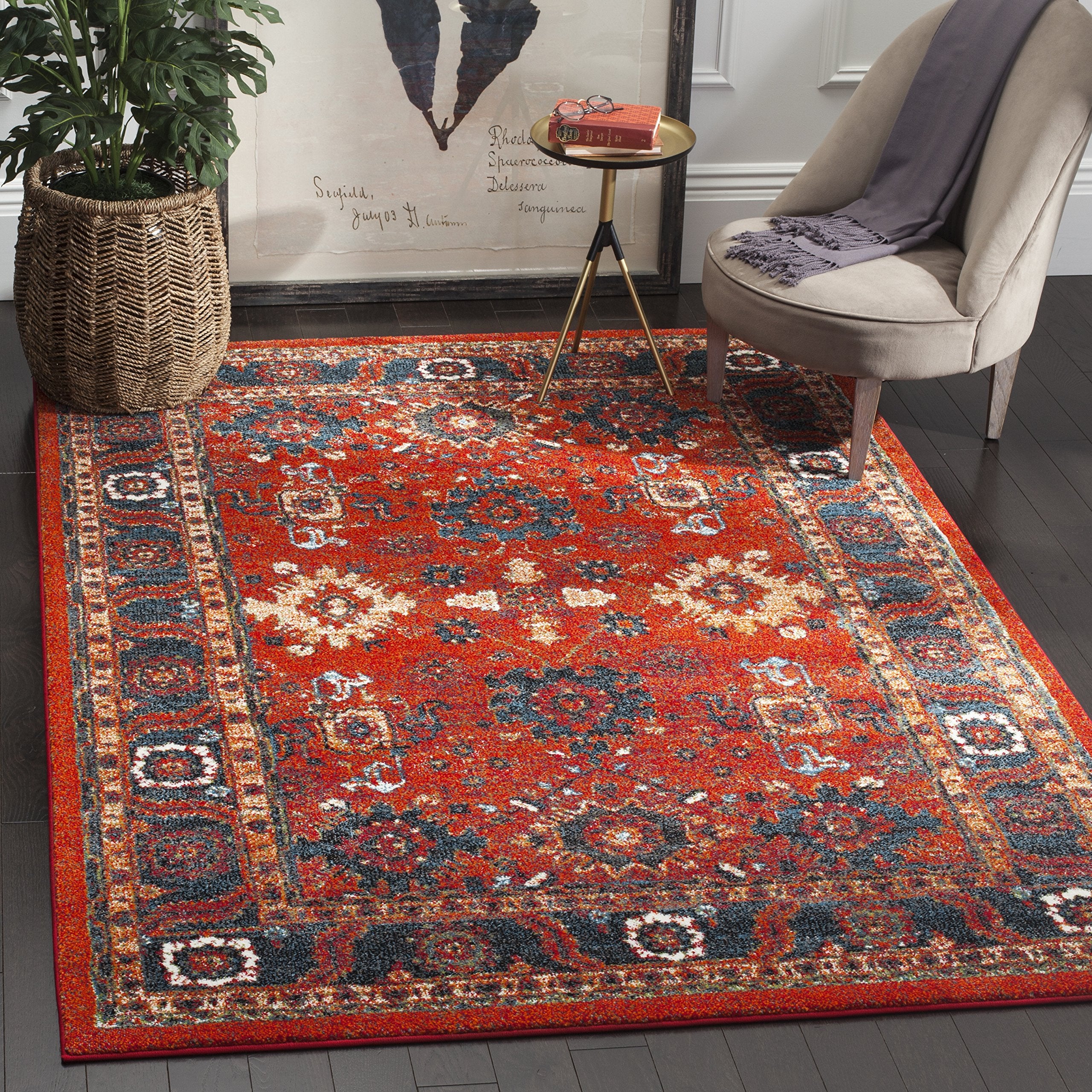 Vintage Hamadan Collection Area Rug - 5'3" x 7'6", Orange & Blue
