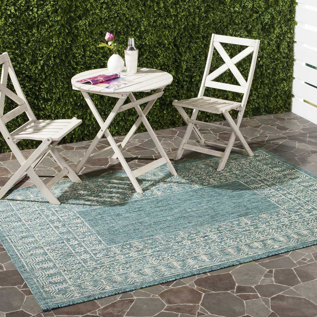 Courtyard Collection 8' x 11' Blue/Grey CY8482 Indoor/ Outdoor Waterproof Easy-Cleaning