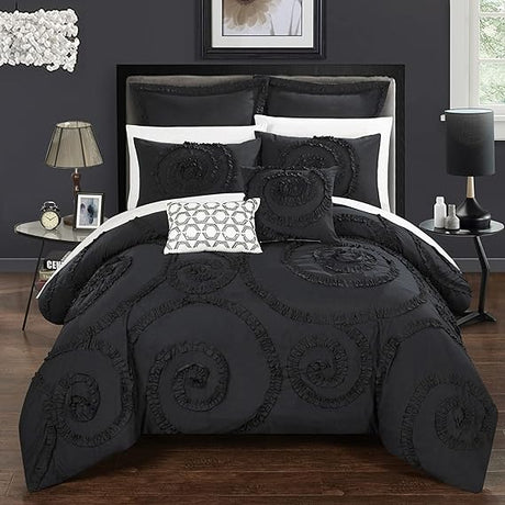 7 Piece Rosalia Floral Ruffled Etched Embroidery Comforter Set, Queen, Navy