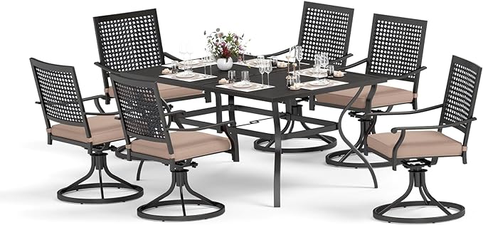 7PCS Patio Dining Set, Large Rectangular Metal Top Table