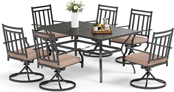 7PCS Patio Dining Set, Large Rectangular Metal Top Table