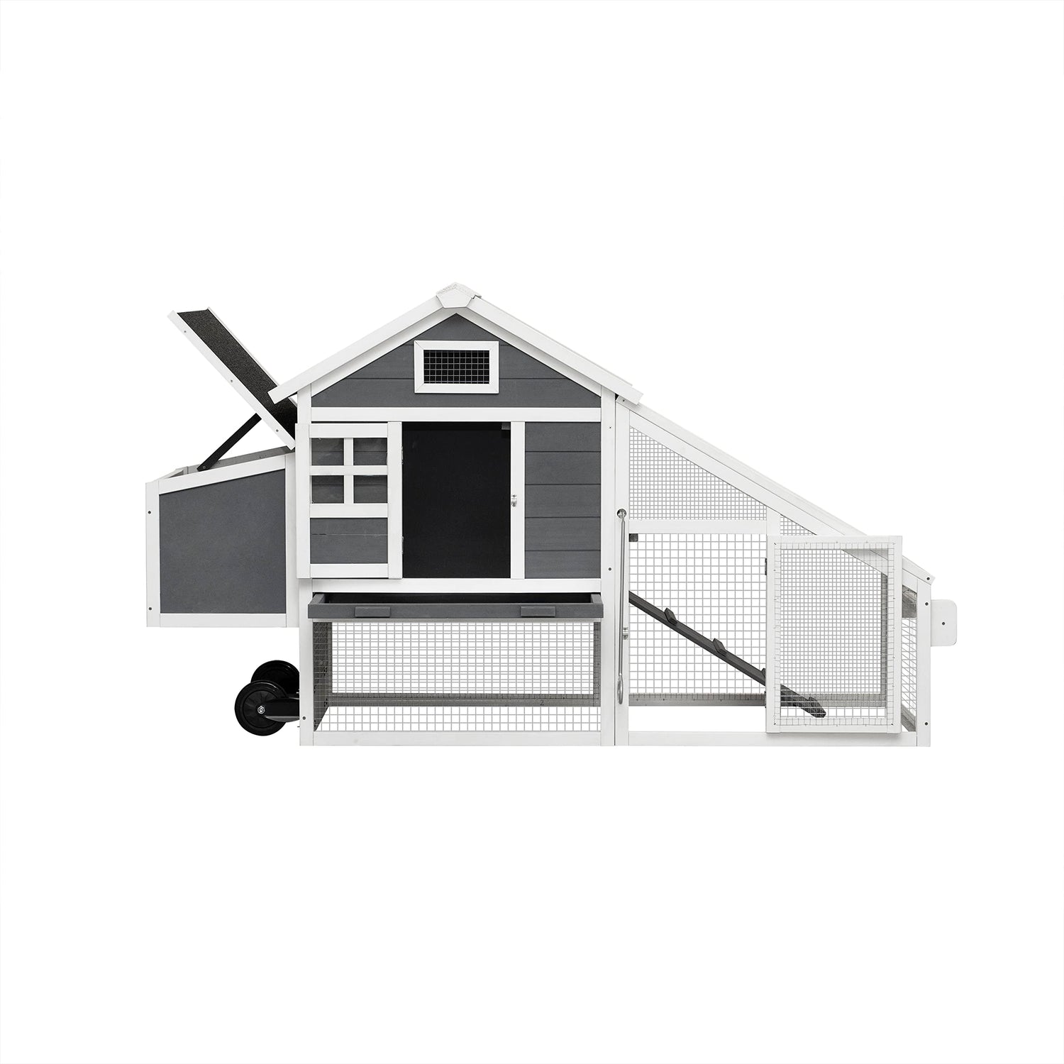 Backyard chicken hutch in grey or white with ventilation mesh