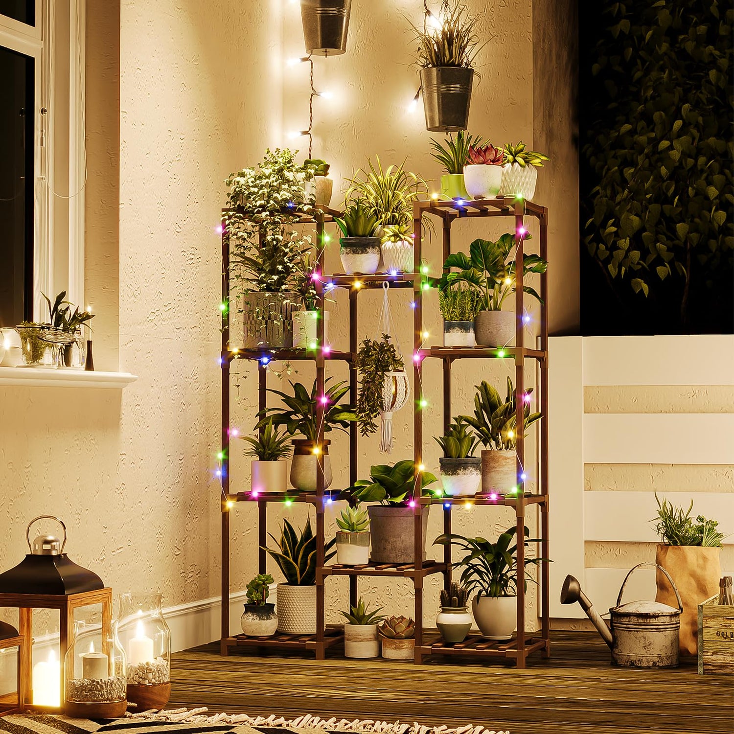 Bamworld 10-Pot Indoor Plant Stand with Fairy Lights – Wooden Shelf