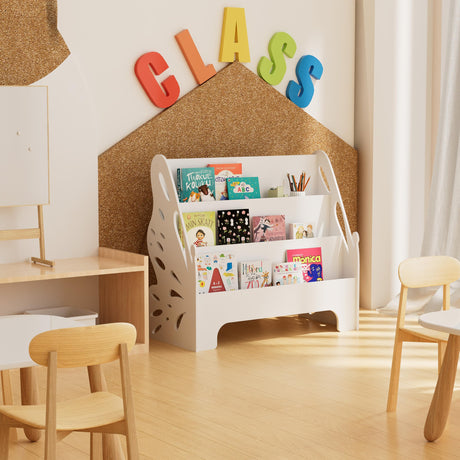 Before and after comparison of a tidy playroom using a 3-tier butterfly kids bookshelf for organized book and toy storage.