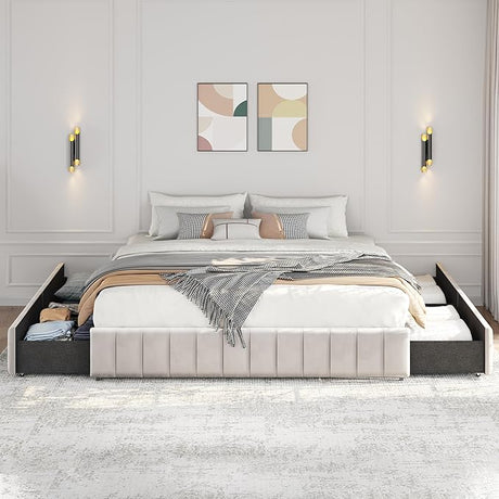 King Bed Frame Upholstered Platform Bed with 4 Storage Drawers