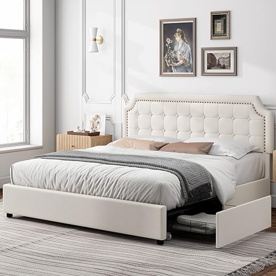 King Size Bed Frame with 4 Drawers, Upholstered Platform Storage Bed